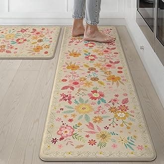 GENIMO Kitchen Mats for Floor 2PCS, Cushioned Kitchen Rugs Non Slip Washable, Farmhouse Anti Fatigue Mat Waterproof, Comfort Standing Mat Rug for Office, Home, Laundry, 17.3"x59"+17.3"x30", Beige