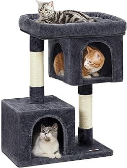 Cat Tree, 33.1-Inch Cat Tower, Plush Condo for Large Cats up to 16 lb, Large Perch, 2 Caves, Scratching Post, Smoky Gray UPCT61G
