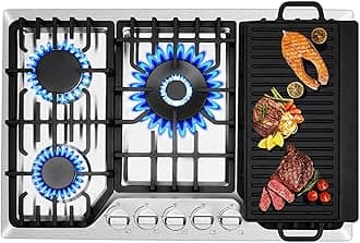 30 Inch Bulit-In Gas Cooktop with Griddle, 5 Italy SABAF Powerful Burners Over 92% High Efficiency, Max 48300BTU Gas Stove Top, 304 Stainless Steel Panel, NG/LPG Convertible, CSA Certified