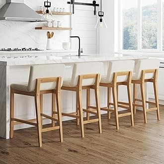 Gracie Modern Counter Height Bar Stool with Back, Counter Stool Upholstered Chair with Natural Textured Linen and Brushed Wooden Legs, Cream Boucle/Light Brown, Set of 4