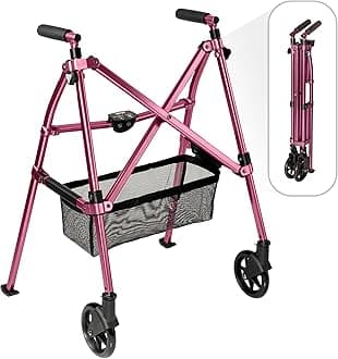 Stander Wonder Walker Plus, Lightweight Folding Mobility Aid for Adults, Seniors, and Elderly, Collapsible Travel EZ Fold-N-Go with Wheels, Glides, & Basket, Regal Rose