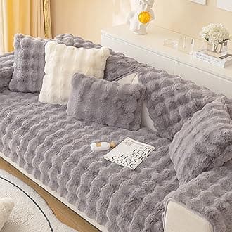 MERRYLIFE Thick Plush Faux Rabbit Fur Sofa Slipcovers 1-Piece Non-Slip Warm Soft Cozy Couch Covers Pillow Covers Furniture Protector(Grey, Sofa Cushion 90 * 180cm)