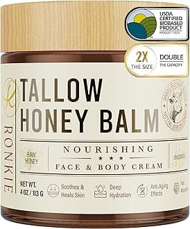 Beef Tallow Skin Care Moisturizer: 100% Grass-Fed Beef Tallow and Raw Honey Balm for Face and Body - Unscented Natural Tallow Face Cream Soft Smooth for Dry Skin and Eczema 4oz