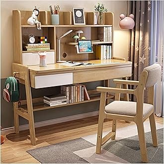 Kids Study Desk and Chair Set Multifunctional Solid Wood Desk for Kids Room 6-18 Height Adjustable Children School Study Desk with 0-60° Tilt Desktop, for Boys Girls (Color : Natural, Size : 120x60x