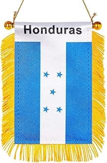 WXTWK 3 X 5 Inch Honduras Flag Honduran Window Hanging Flag Small Mini Car Flags Banners Rearview Mirror Decoration With Suction Cup Golden Fringy Banner