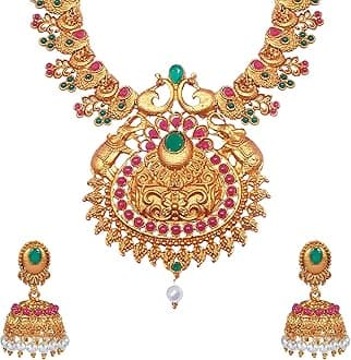 Bodha Traditional Indian Antique Gold Plated Temple Necklace Set with Matching Earrings for Women (SJ_2925)