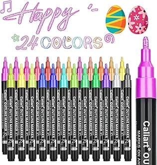 Caliart 24 Colors Outline Markers Shimmer Glitter Pens, Doodling Marker Set for Adults Artists, Cool Fun Craft Drawing Art Supplies
