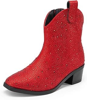 DREAM PAIRS Girls Cowgirl Cowboy Rhinestone Boots Ankle Low Heel Dress Booties