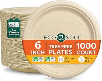ECO SOUL 6 Inch Compostable Disposable Paper Plates [1000 Pack] Food Safe 100% Virgin Bagasse Pulp Heavy Duty Microwave Safe Small Round Dessert Appetizer Plate for Party, Picnic & BBQ (Brown)