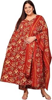 MEERA FABWomen's Cotton Blend V-Neck Plus Size Anarkali Printed Kurta with Palazzo & Dupatta