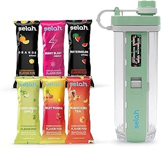 Selah Flavored Water Bottle - Water Enhancer, Sugar Free, Vitamin Infused Water - 20oz Water Bottle With Flavor Pods Included - Energy Drink, Strawberry, and Sports Drink Pods (Green, 6 Flavor Pod)