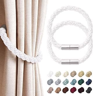 2 Pack Strong Magnetic Curtain Tiebacks Modern Simple Style Drape Tie Backs Convenient Decorative Weave Rope Curtain Holdbacks for Thin or Thick Home & Office Window Draperies (Silver White)