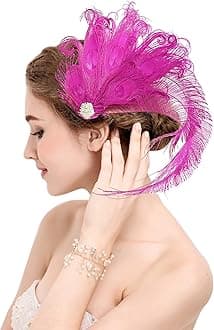 Peacock Feather Fascinator Hair Clip Headband 1920s Costume Flapper Headpiece (015a- Rose Red)