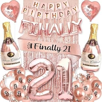 21st Birthday Party Decorations for Her Rose Gold Supplies Big Set with Birthday Banner and 21 BDay Digit Balloons for Women Including Latex and Confetti Balloons