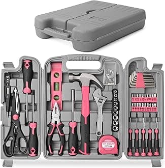 54pc Pink Home DIY Repair Tool Kit Set. Women Ladies Beginner Complete Hand Tools in a Portable Toolbox Case for the Household and Office