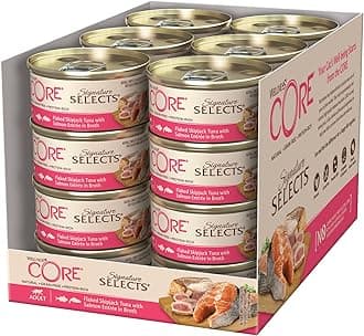 Signature Selects 24 x 79g, Flaked Skipjack Tuna & Salmon – Wet Cat Food, Delicious Flakes in Broth, Grain-Free, Natural, Hypoallergenic, Protein-Rich, High Fish Content