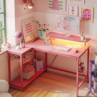 Bestier Small Gaming Desk with Power Outlets,42 L Shaped LED Computer Desk with Reversible Shelves,Corner Gamer Desk with Hooks USB Charging Port,Carbon Fiber PinkClimatePartner certified
