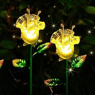 Flower Solar Stake Lights Outdoor,2 Pack Solar Powered Metal Stake with Yellow Glass Lily Flower Decorative Lights, Waterproof Warm White LED Garden Lights for Backyard,Lawn