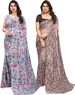SIRILWomen's Printed Georgette Saree With Blouse Piece Combo Pack of 2