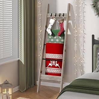 Hzuaneri Blanket Ladder - for Bedroom, Decorative Wood Quilt Rack with 4 Removable Hooks, 5-Tier Farmhouse Ladder Holder Organizer for Bathroom Living Room, Greige and Black BR02105B
