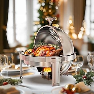Roll-Top Chafing Dishes for Buffet with Glass Window (6QT) - Round Food-Grade Stainless Steel Chafers for Catering with Rolled Rim Design, for Party, Banquet (Full Size Food Pan)