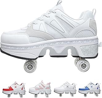 PLMOKN Women's Retractable Roller Skates Outdoor Girls Kick Roller Shoes Men Deformation Sneakers,Mesh White(????)-EU 41/US 9.5