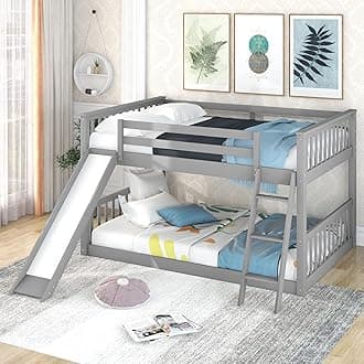 Bellemave Full Over Full Low Bunk Bed with Slide and Ladder, Low Bunk Bed for Kids, Girls, Boys, Floor bunk Bed, Gray