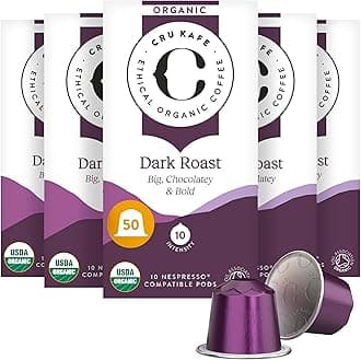 Cru Kafe Dark Roast USDA Organic Espresso Coffee Capsules (50 Pods) Fairtrade Coffee Pods Compatible with Nespresso Original Line and Pixie Machines