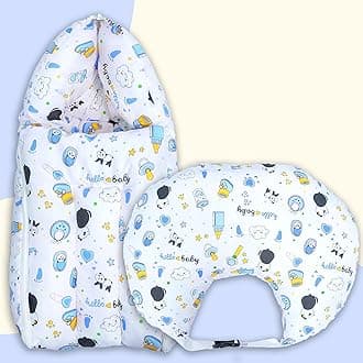 Baby Bedding Set Combo for New Born - Baby Sleeping Bag, Baby Feeding Pillow Ideal for 0 to 6 Months Babies (Panda Blue)