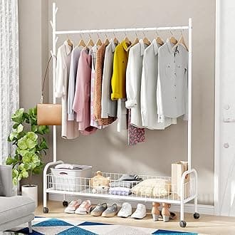 Lukzer | MGR-003 | White | Metal Garment Rack with Wheels, Bottom Shelf & Single Rod – Cloth Organizer for Hanging Kurtas, Jackets, Bags in Bedroom, Office, Hostel & More | 173 x 110 x 35 cm