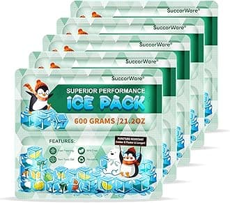 SuccorWare 5 Packs Reusable Ice Packs for Lunch Boxes - 12+ Hour Cooling Ice Gel Pack for Camping, Beach, Office - Ice Packs for Cooler Bag, Cooler Backpacks