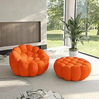 Bubble Chair with Ottoman, Oversized Memory Foam Bubble Couch Lazy Floor Sofa, Round Couch with 3D Honeycomb Shape Curved Sofas for Living Room, Apartment (Orange, 49.21+41")