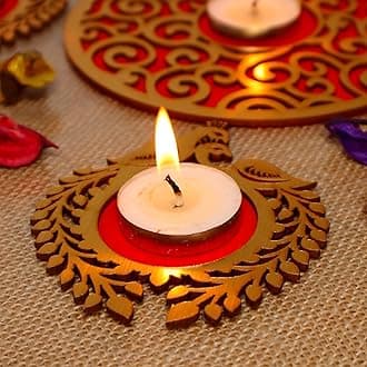Saudeep India MDF Wood Readymade Rangoli Set with Tealights | Decorative Tea Light Candle Holder for Home Decor | Traditional Festive Decoration & Corporate Gift Item for Festivals