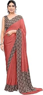 MIRCHI FASHION Women's Chiffon Ajrakh Border Pallu Pririnted Solid Saree with Blouse Piece