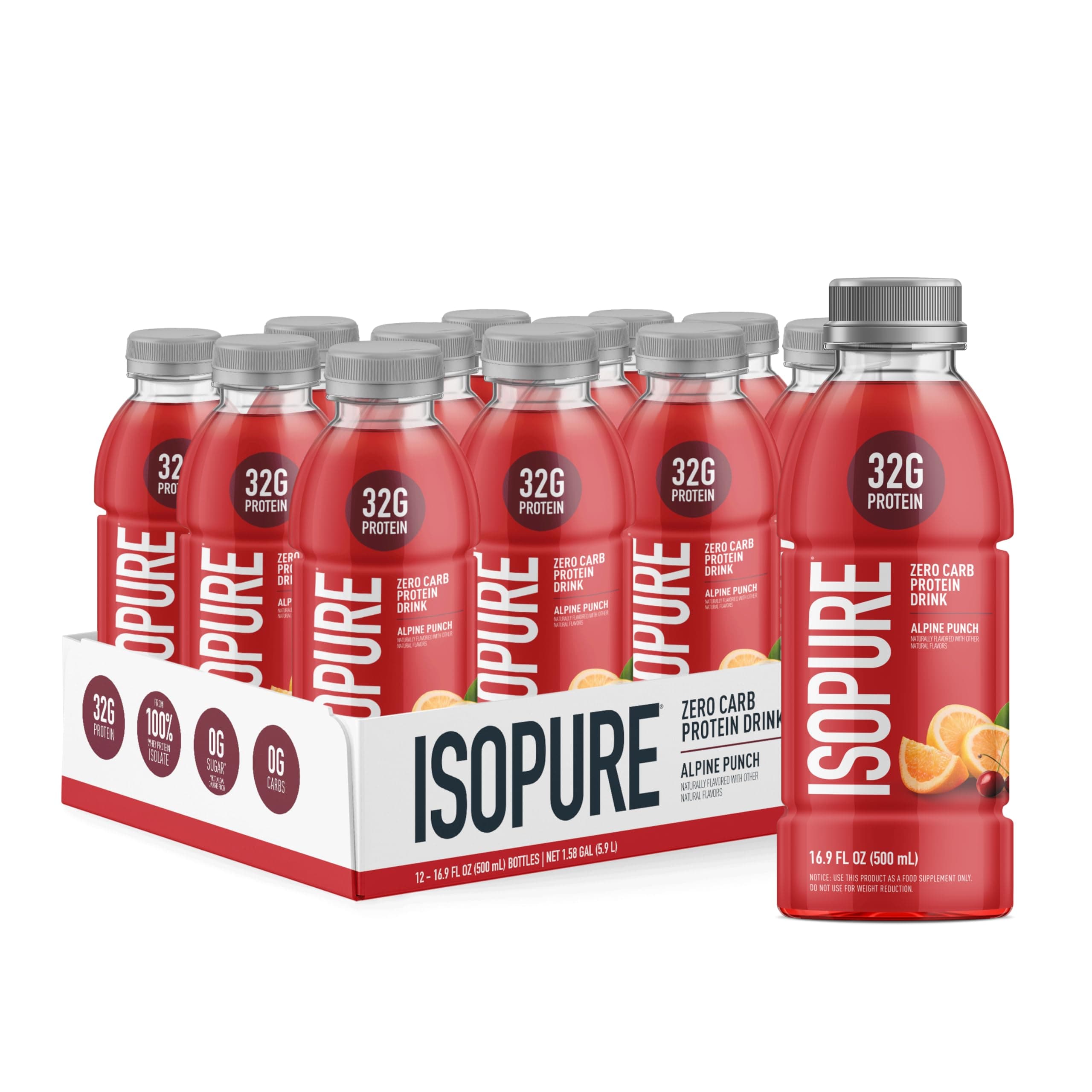 Isopure 32g Whey Protein Isolate Drink, Alpine Punch – Zero Carb, Zero Sugar, Keto Friendly, Lactose Free, Gluten Free, Ready-to-Drink, 16.9 fl oz Bottles (12 Pack)