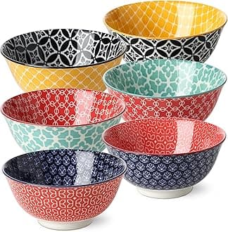 DOWAN Salad Bowl Ceramic, 680 ml Cereal Bowl Set of 6, Soup Bowl Φ15.2 cm, Dessert Bowls Colourful for Ramen, Noodle, Rice, Pudding, Snack, Breakfast, Vibrant Joy, Microwave Safe
