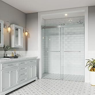 Shower Doors Soft Closing 46-48" W x 76" H Width Adjustable Double Sliding 3/8"(10mm) Clear Tempered SGCC Glass Frameless Stainless Steel Hardware (Brushed Nickel)
