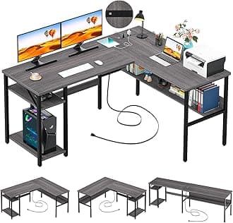 Unikito L Shaped Computer Desk with USB Charging Port and Power Outlet, Reversible L-Shaped Corner Desk with Storage Shelves, Industrial 2 Person Long Gaming Table Modern Home Office Desk, Black Oak