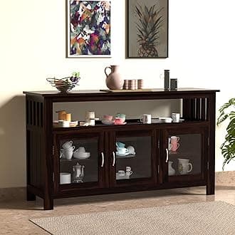 Solid Sheesham Wood Sideboard Cabinet for Living Room | Wooden Crockery Cabinet with 3 Acrylic Glass Door | Kitchen Display Unit | 3 Acrylic Glass Doors & 1 Shelf | Walnut Finish