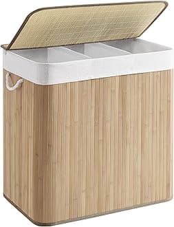 SONGMICS LCB091N01 Laundry Basket, 150 L Laundry Basket, 3 Compartments Sorting Compartments, Bamboo Lid, Handles, Foldable, Removable Machine Washable Bag, for Laundry Room, Bedroom, Wood Colour