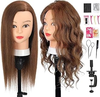 Mannequin Head with 100% Real Human Hair 20-22" Cosmetology Mannequin Head to Practice Hairstyles Bleaching Training Learning Head for Hairdresser With Free Clamp Holder (Brown-W25)