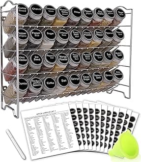 SWOMMOLY Spice Rack Organizer with 36 Empty Square Spice Jars, 396 Spice Labels with Chalk Marker and Funnel Complete Set, for Countertop, Cabinet or Wall Mount, Silver