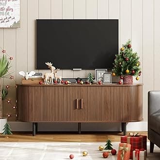 ONBRILL 55" TV Stand with Power Outlet for TVs up to 60 Inch, Entertainment Center with Storage and Adjustable Shelves, Modern Media Console with Sliding Doors for Living Room, Walnut