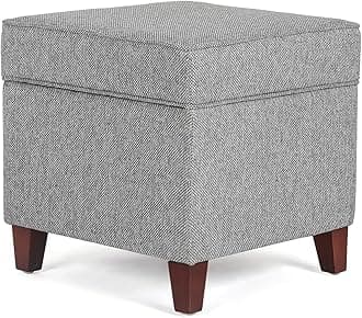 17 Inch Square Linen Storage Ottoman for Living Room & Bedroom, Small Upholstered Footrest Stool with Hinged Lid and Wood Legs, Modern Accent Furniture, Light Gray