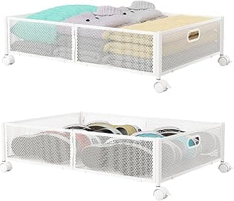 PHINOX Under Bed Storage with wheels, Under the Bed Storage Containers,Upgrade Crossed Iron Wire, Metal Rolling Underbed Storage Containers for Bedroom Clothes Shoes Blankets-2 Pack,White
