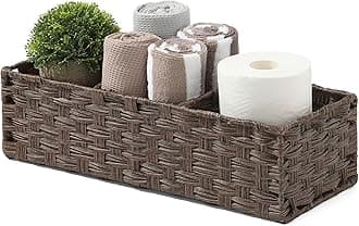 [Larger Compartments] Toilet Tank Topper Paper Basket - Multiuse Hand Woven Plastic Wicker Basket with Divider for Organizing, Rustic Farmhouse Bathroom Decor, Countertop Organizer Storage, Brown