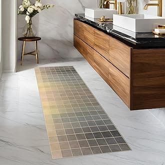 Mid Century Modern Bathroom Runner 2x6, Neutral Gray Brown Light Retro Eclectic Minimalist Textured, Washable Long Rugs Non Slip Low Pile for Hallway Entryway Kitchen Laundry, Black