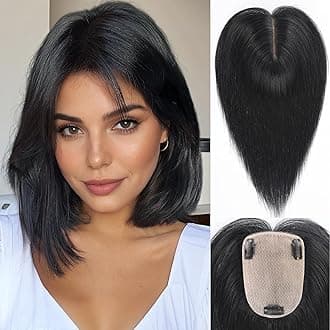 starluck Human Hair Toppers for Women Real Human Hair With Bangs 4 * 5.5 inch Base 12 inch SilkHug Hair Topper for Women Cover Grey Roots(Natural Black)
