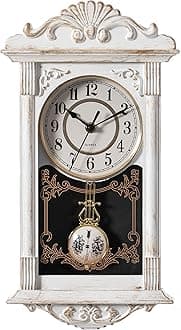 Quickway Imports Vintage Grandfather Wood- Looking Plastic Pendulum Wall Clock for Living Room, Kitchen, or Dining Room, White