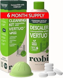 Roobi Nespresso Compatible Vertuo Cleaning & Descaling Kit. Includes 1 Bottle of Descaling Solution, 6 Cleaning Tablets and 1 Reusable Pod. Carbon Neutral Vertuoline Maintenance Kit. 6 Month Supply.